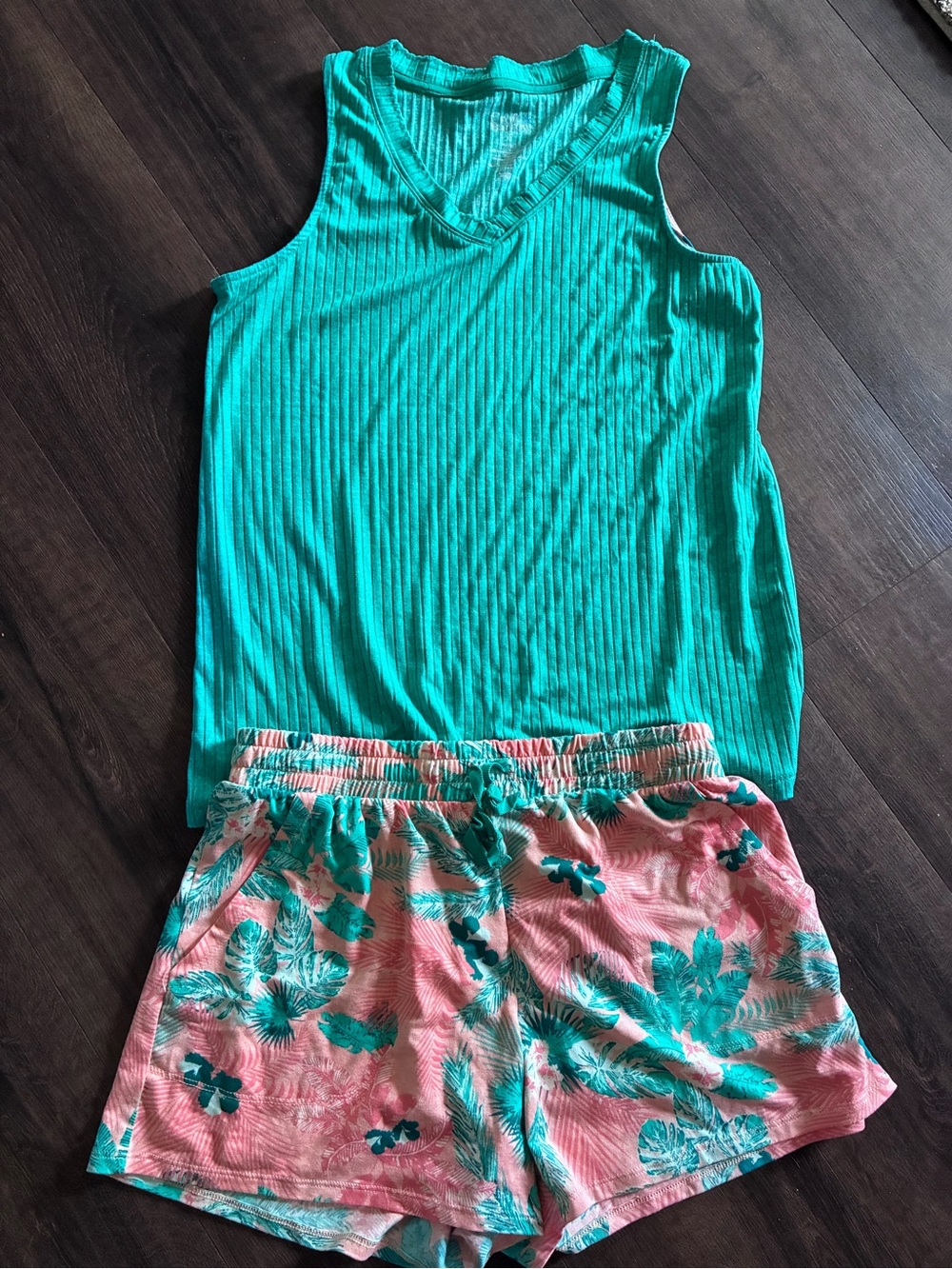 croft & barrow Teal Ribbed Tank with Pink Tropical Shorts Set